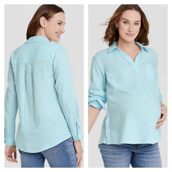 Isabel Maternity Longsleeve Collard Linen Blouse - Picture 1 of 16